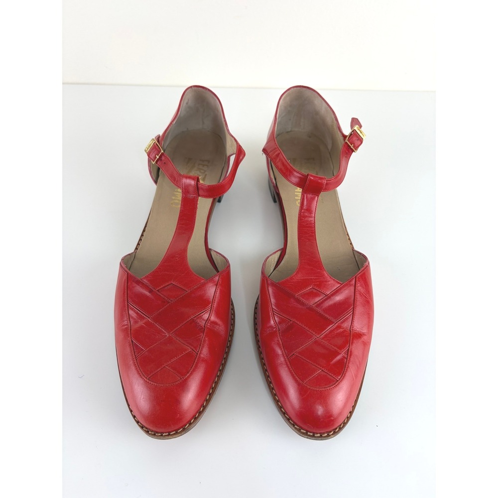 Vintage Salvatore Ferragamo Red Leather T-Strap Shoes Size 10 Made in Italy